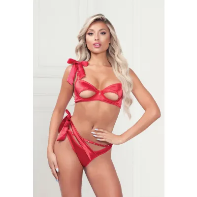 Two Piece Satin and Rhinestone Bra and Thong Set Large Red