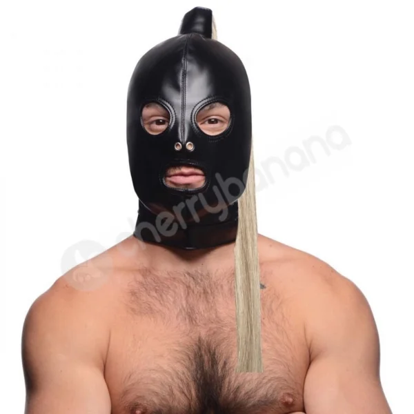 Strict Black Bondage Hood With Attached Blonde Wig Ponytail