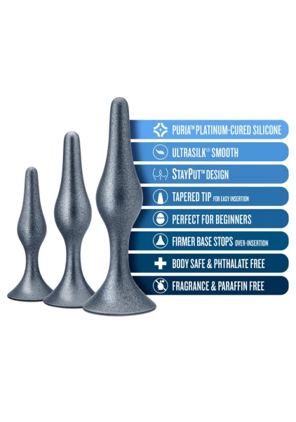 Anal Adventures Matrix Genesis 3-Piece Silicone Butt Plug Kit By Blush - Stellar Silver