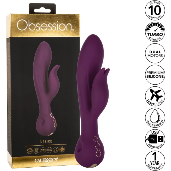 Obsession Desire Rechargeable Waterproof Silicone Rabbit Vibrator By CalExotics - Purple