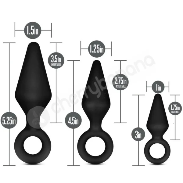 Anal Adventures Platinum Silicone Black Anal Plugs With Loop 3 Size Kit