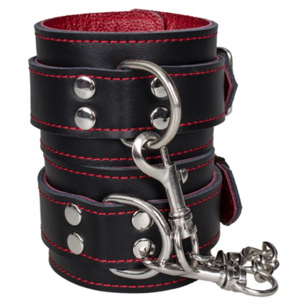 Bondara Luxe Black and Red Leather Wrist Cuffs