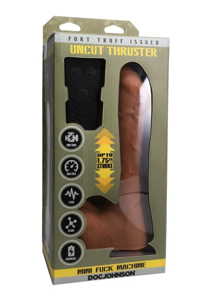 Fort Troff Uncut Thruster Rechargeable Silicone Mini Fuck Machine Dildo With Balls & Remote - Caramel