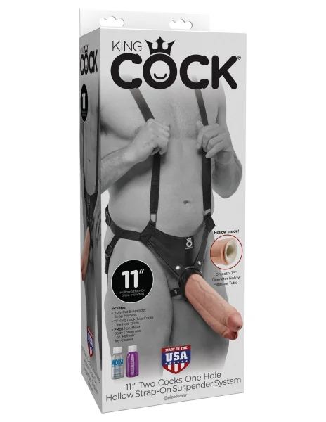 King Cock 11" Two Cocks One Hole Hollow Strap-on  Suspender System - Flesh
