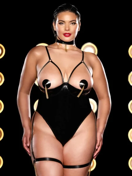 Oh La La Cheri Black Play Vinyl Quarter Cup Teddy with Garters and Nipple Pasties