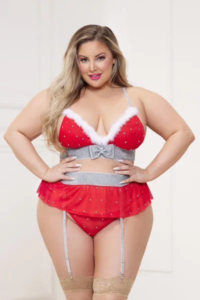 3 Pc Rhinestone Stud Bra With Marabou Trim and Garter Belt With Mesh Thong - Queen - Red