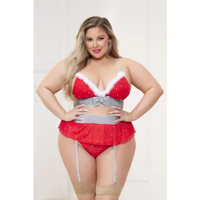3 Pc Rhinestone Stud Bra With Marabou Trim and Garter Belt With Mesh Thong Queen Red