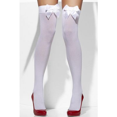 Smiffys White Opaque Thigh Highs with Satin Bows