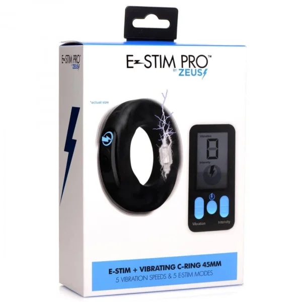 E-Stim and Vibrating Silicone Cock Ring 45mm With  Remote Control - Black