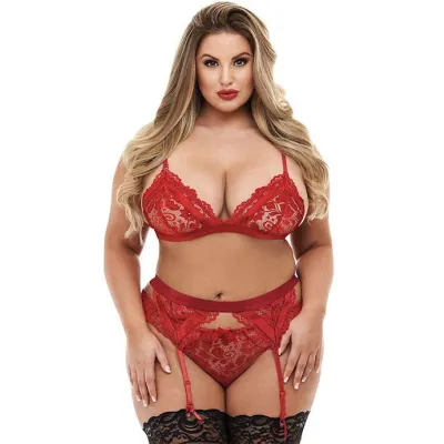 Lace Garter 3 Piece Set Burgandy Queen