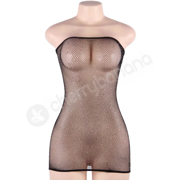 Cherry Banana Plus Size Black Fishnet With Sparkles Strapless Mini Dress