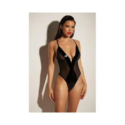 Women s Lingerie Oh L L Chri Finesse Soft Cup Open Back Vinyl And Mesh Teddy With Barbell Trim L xl