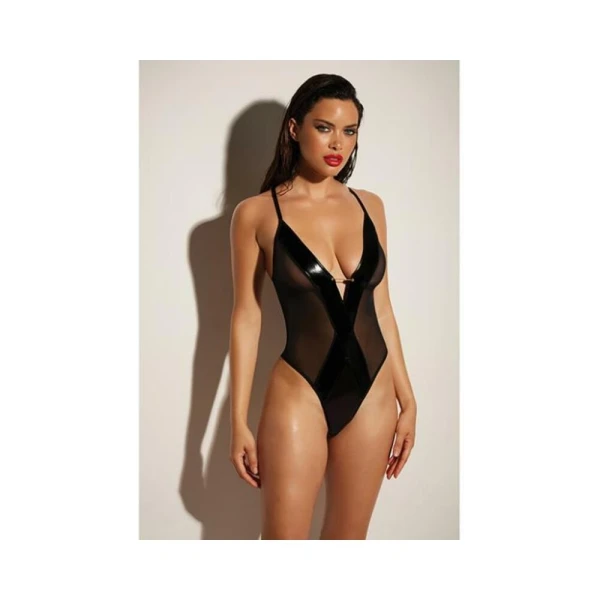 Women's Lingerie: Oh L L Chri Finesse Soft Cup Open Back Vinyl And Mesh Teddy With Barbell Trim L/xl
