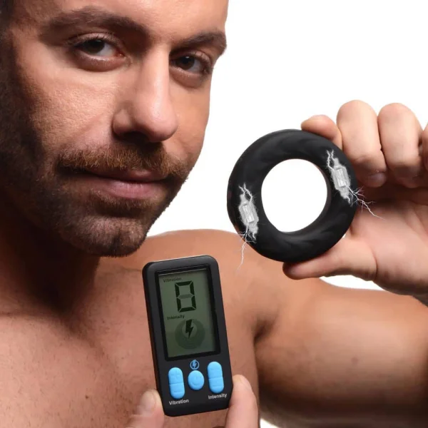E-Stim and Vibrating Silicone Cock Ring 45mm With  Remote Control - Black