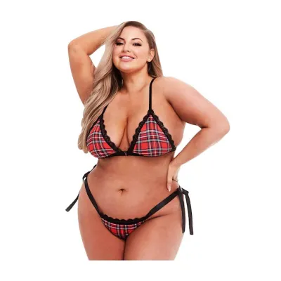 Schoolgirl Plaid Bra And Thong Set Red Os xl