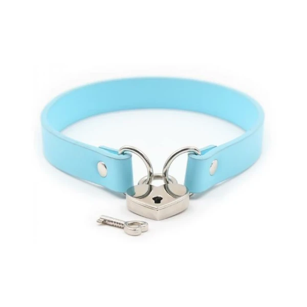 Bondage Kits & Sets: Ple'sur Pvc Collar With Heart Lock & Key Aqua