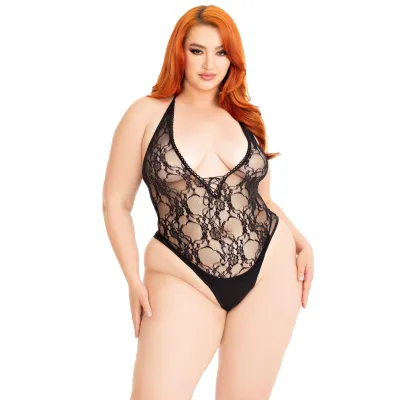 Floral Lace Deep v Lace Up Teddy 1x 2x Black
