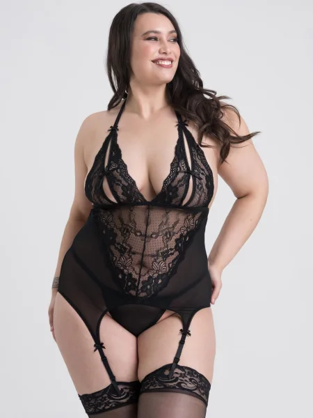 Lovehoney Plus Size Black Peek-A-Boo Merry Widow Bustier Set 