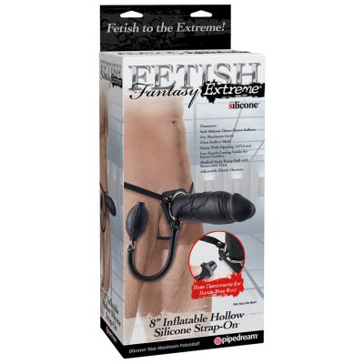 8 Inflatable Hollow Silicone Strap On Black