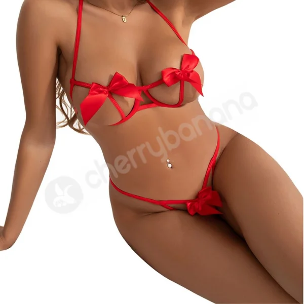 Cherry Banana Red Sexy Bow Underwire Bra & Panty Lingerie Set