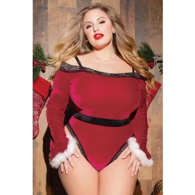 Plus Size Red Velvet Marabou Sleeve Teddy