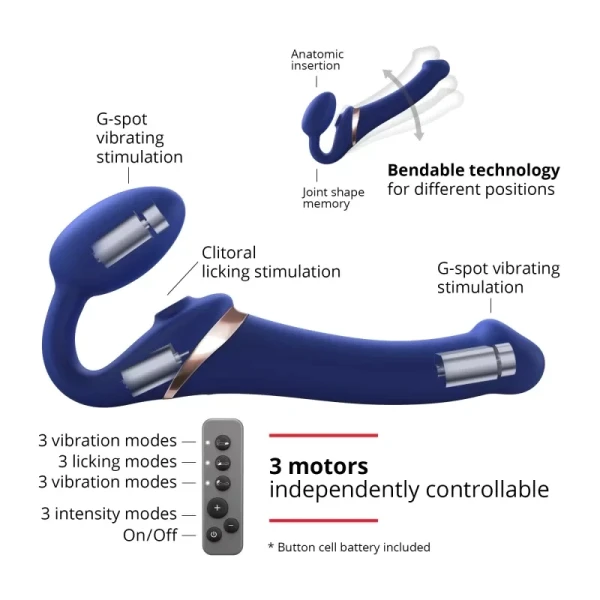 Strap-on-Me Multi Orgasm Silicone Vibrating 3 Motor Remote Strapless Strap-On, Large - Night Blue