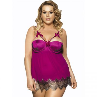 Bondara Belle Plus Size Magenta Eyelash Babydoll and G String
