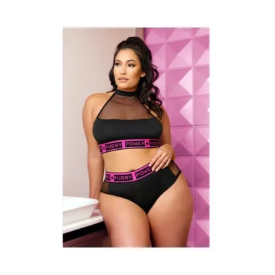 Vibes Pussy Power Micronet Paneled Halter Top Cheeky Booty Short L xl Black