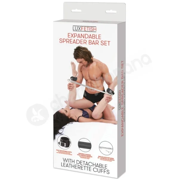 Lux Fetish Silver Expandable Spreader Bar Set With Black Leatherette Cuffs