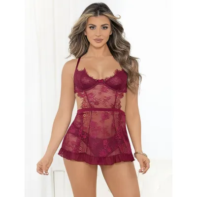 Escante Wine Lace Underwired Babydoll Set
