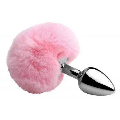 Fluffy Bunny Tail Anal Metal Butt Plug Pink