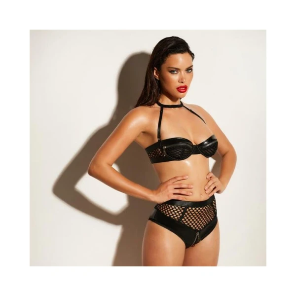 Women's Lingerie: Oh L L Chri Fearless Faux Leather And Fishnet 2-piece Set With Functional Zipper Details S