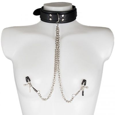 Bondara Black Collar with Nipple Clamps