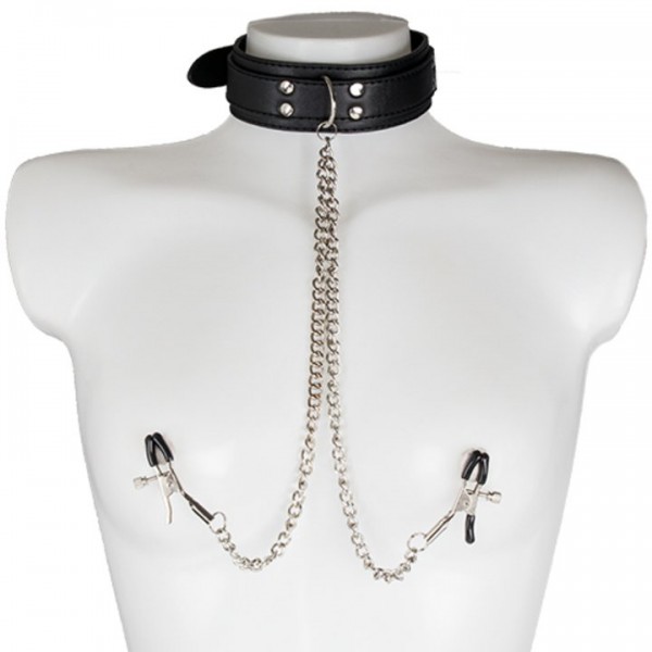 Bondara Black Collar with Nipple Clamps