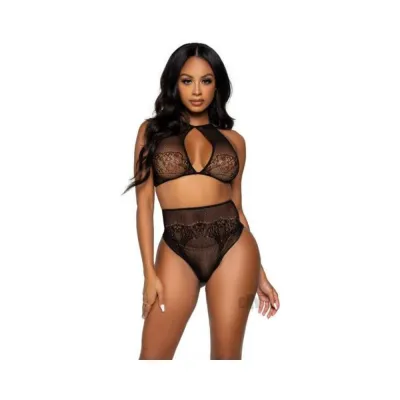 Dotted Net Halter high Thong 2pc Os Blk