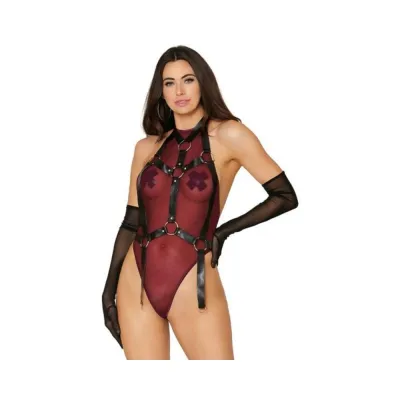 Women s Lingerie Dreamgirl High neck Mesh Teddy Garter Body Harness Burgundy Black S