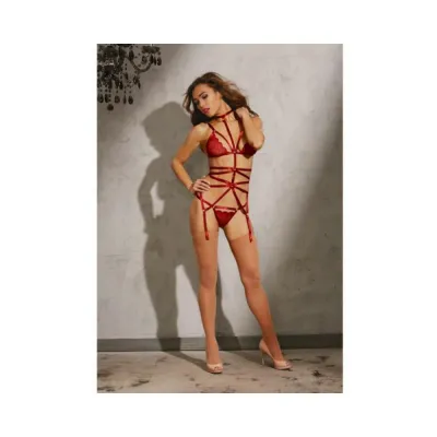 Dreamgirl Two piece Strappy Garter Play Set With Unlined Lace Bra Garnet Os