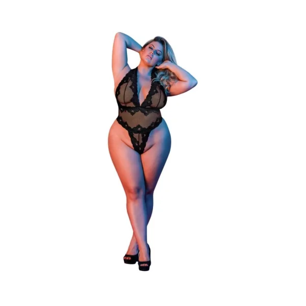 Magic Silk Sexy Time Deep Plunge Halter Teddy Black Queen Size — image 4 of 9