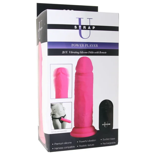 Strap U Power Player 28X Vibrating Rechargeable 6.5" Silicone Dildo With Remote - Pink