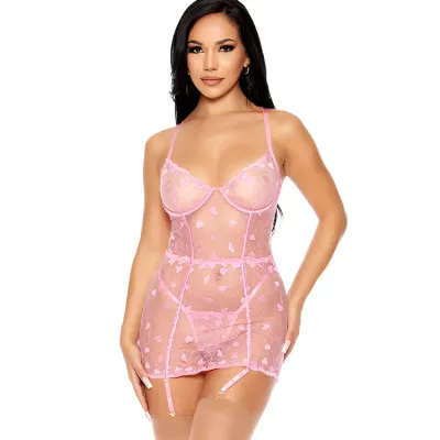 Forplay Heartbeat Harmony 2 Piece Pink Embroidered Chemise Set with Matching Panty