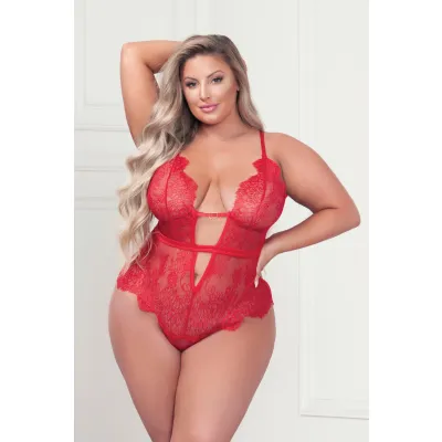 Eyelash Lace Teddy With Satin Ribbon Bow Queen Size Red