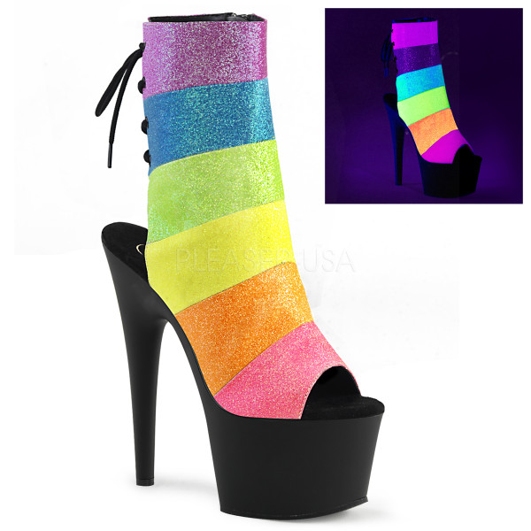 7 inches Heel, 2 3/4 inches PF Open Toe/Heel Ankle Boot. Side Zip
