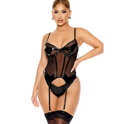 Opposites Attract Black Mesh Vinyl Bustier Set By Forplay