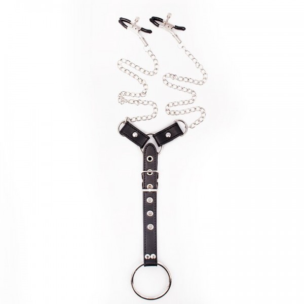 Dominator Faux Leather Nipple Clamp And Cock Ring Chain Harness