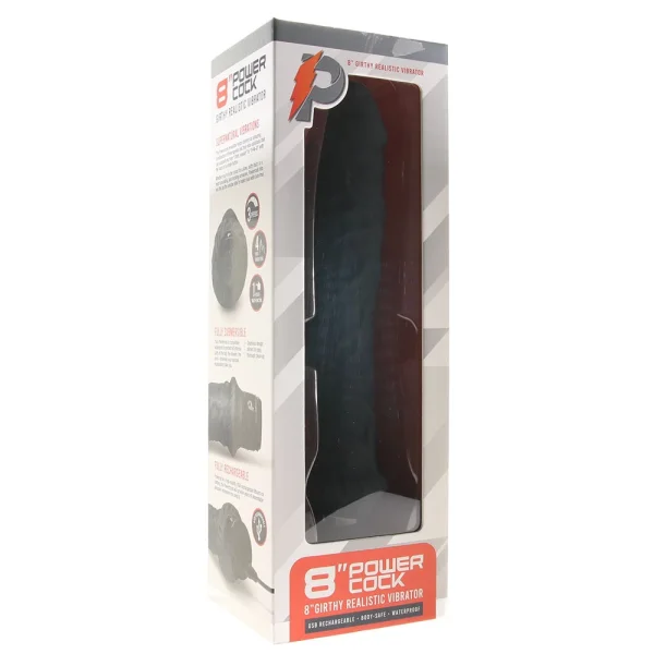 Powercocks Girthy Realistic Silicone Waterproof Rechargeable 8" Vibrator - Black