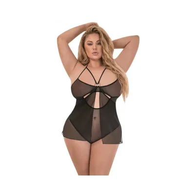 Magic Silk Forever Mesh Crotchless Babydoll Teddy Black Queen
