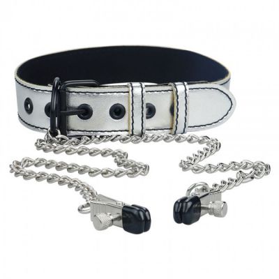 Metallic Silver Collar with Nipple Clamps