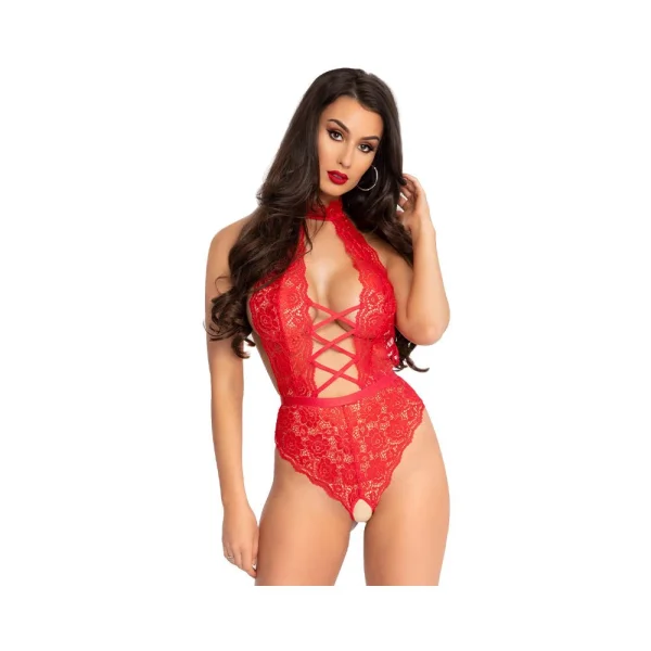 High Neck Floral Backless Teddy With Crotchless Thong Panty Red Small
