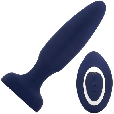 Fino Rechargeable Silicone Vibrating Anal Plug With Roller Motion Remote By Nu Sensuelle Navy Blue