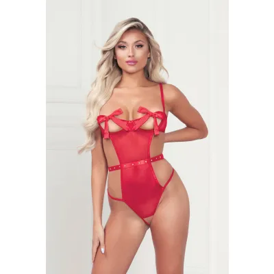 Mesh Teddy With Underwire Satin Ribbon Bows Rhinestone Belt Hook and Eye Back Closure and Open Thong One Size Red